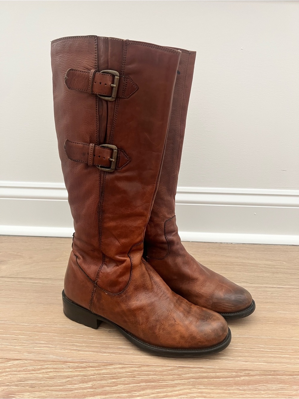 Clarks High Riding Boots Brown Leather Tamro Spice Women’s 8.5 M Moto Buckle